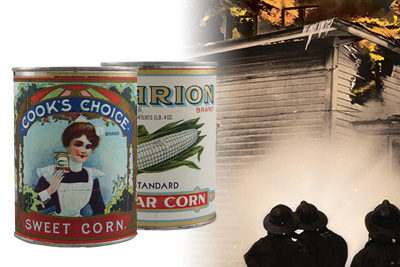 Two cans overlaying a building on fire