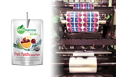 A pouch of juice overlaying a label machine