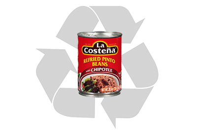 Can of food overlaying recycling logo