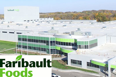 Faribault Foods logo in front of a digital rendering of a manufacturing plant